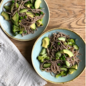 miso buckwheat noodles in a bowl with avocado